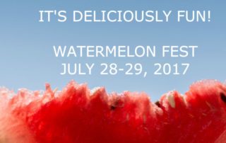 Slice of watermelon. Text: It's delicious fun! Watermelon Fest, July 28-29, 2017.