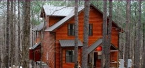 The red wood two story cabin amid tall pine trees.