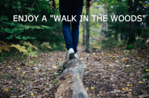 Close up photo of a woman walking over a log in the woods. Title: Enjoy A Walk in the Woods."