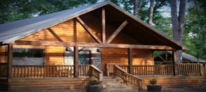 The exterior porch of the cabin at daybreak.