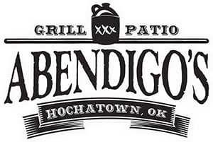 Abendigo's logo. Text: Grill, patio, Hochatown, OK.