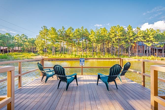 Chairs on a lakeside dock.