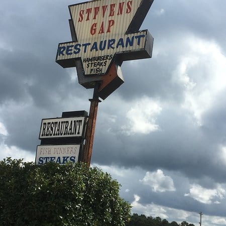 Stevens Gap Restaurant sign. Tex; Hamburgers, Steaks, Fish, Restaurant, Fish Dinners, Steaks.