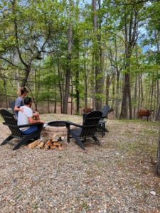 A group of people around the fire of a Broken Bow rental inside an Oklahoma safari park.