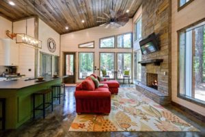 The inside of a cabin rental in Broken Bow near things to do on a solo vacation.
