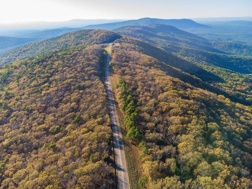 An aerial view of one of the scenic drives in Oklahoma near Hochatown.